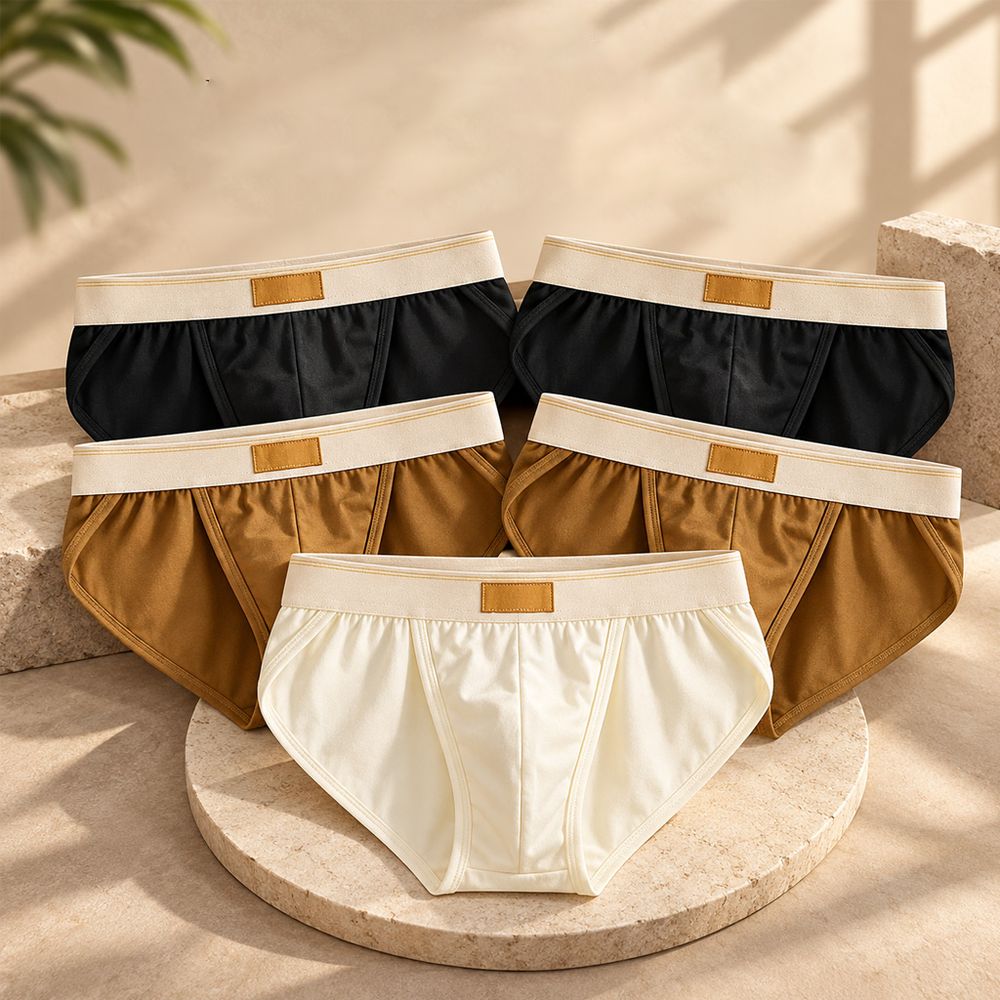 Five pairs of men’s cotton briefs in black, brown and white