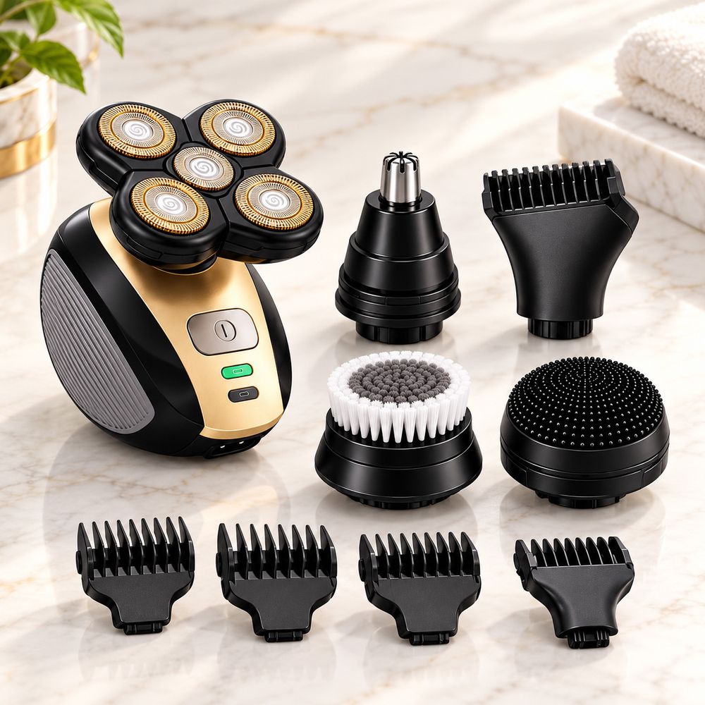 Layer 25 The 4D 5-in-1 grooming kit: rotary shaver, trimmer heads, brushes and guide combs