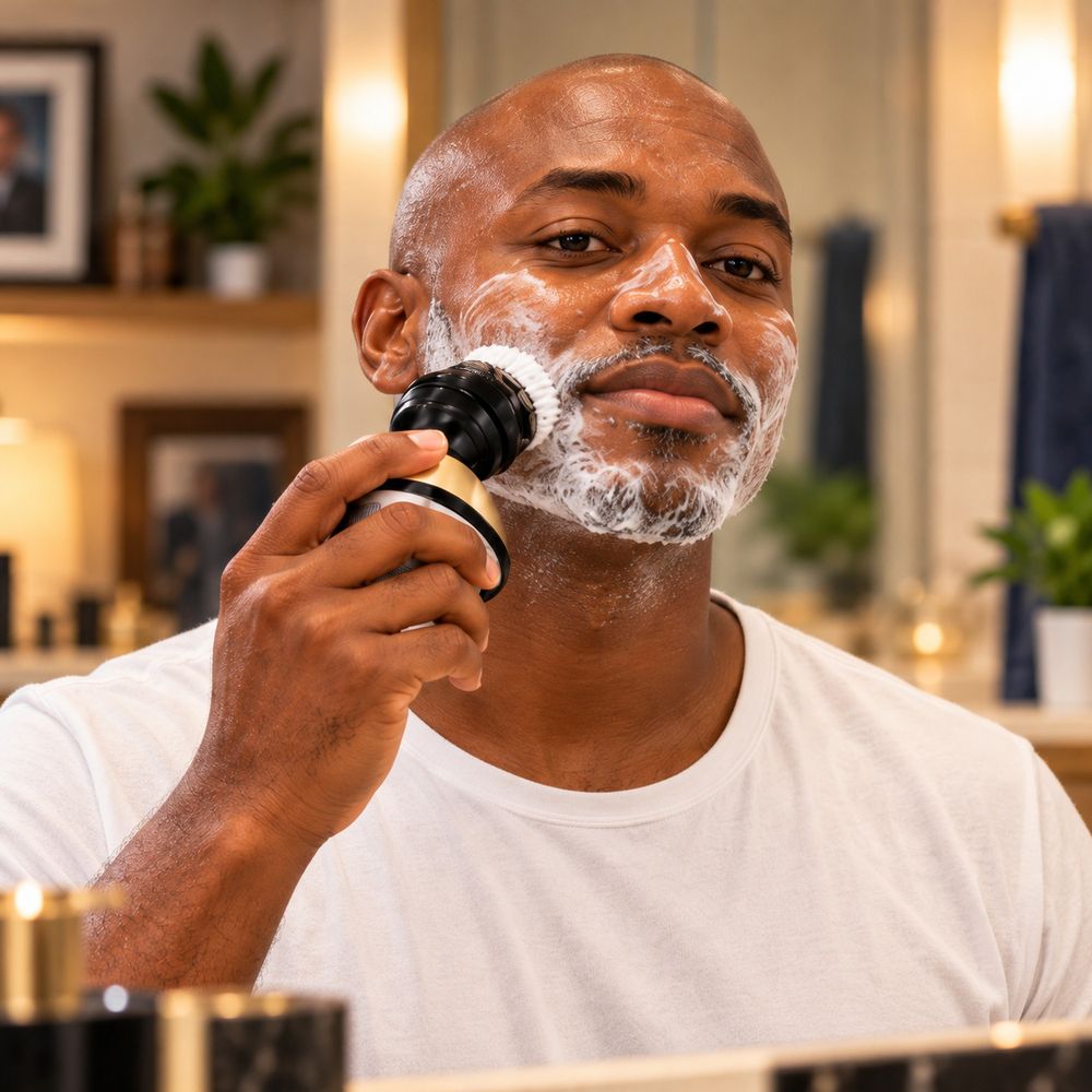 Layer 33 A bearded man with shaving foam, ready for a clean shave