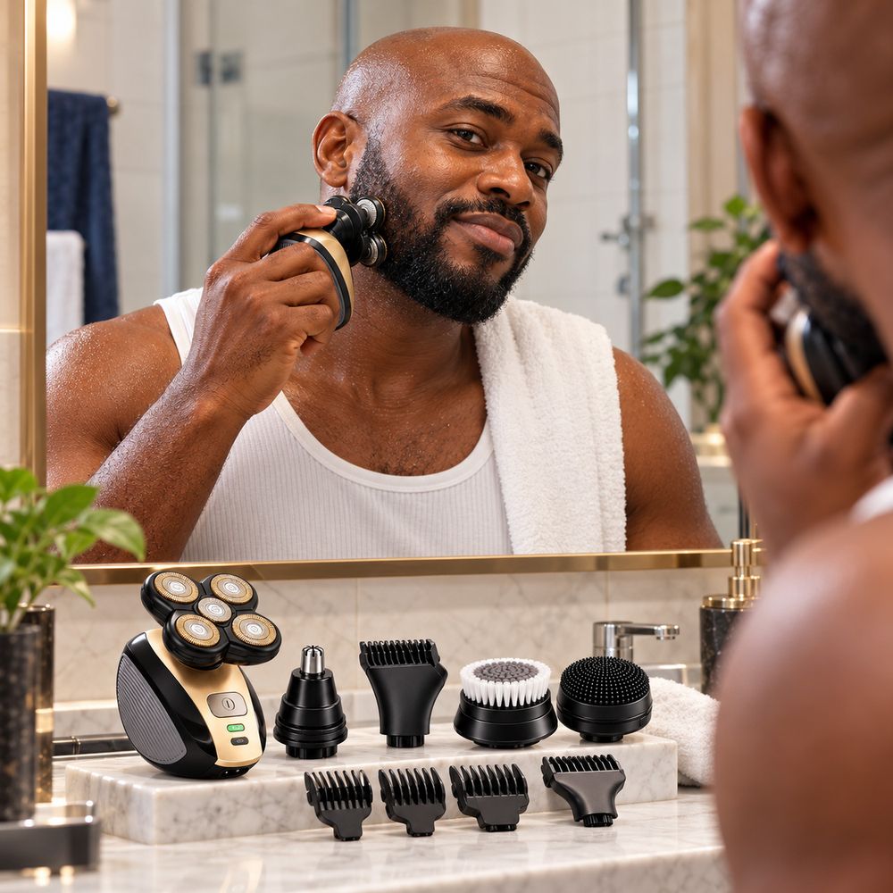 feature 2 A man shaving his beard, with all the kit heads on the counter