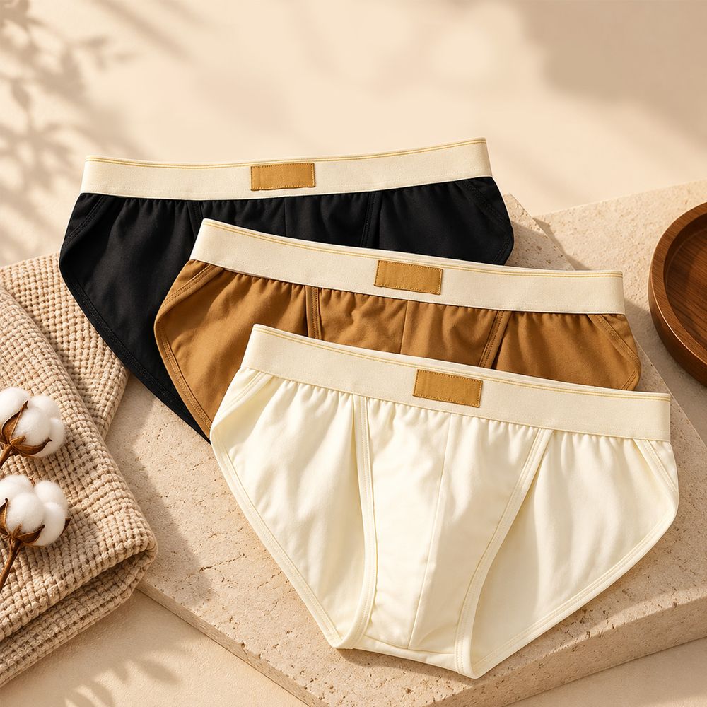 Three cotton briefs in black, brown and white on a linen cloth