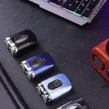 The pocket shaver in several colours, used on a beard and a hairline, then slipped into a pocket
