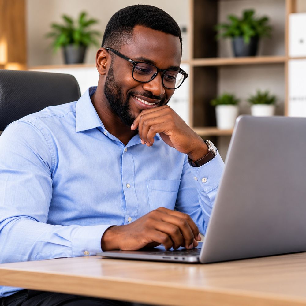 office A smiling man working at his laptop