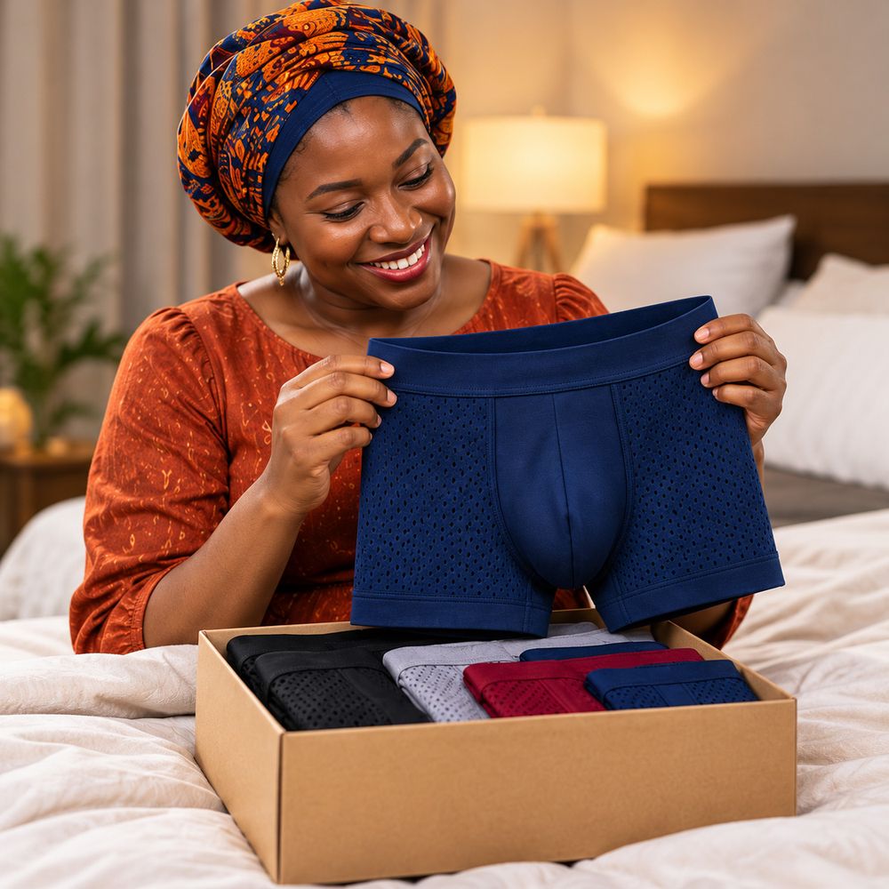 women A woman opening a pack of boxer shorts for her husband